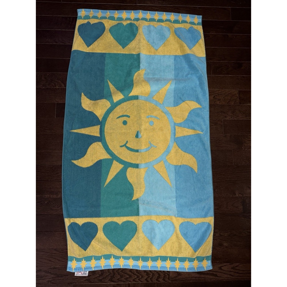 Vintage Celestial Beach Towel Blue Yellow Trimmed Double Sided Hearts 90s